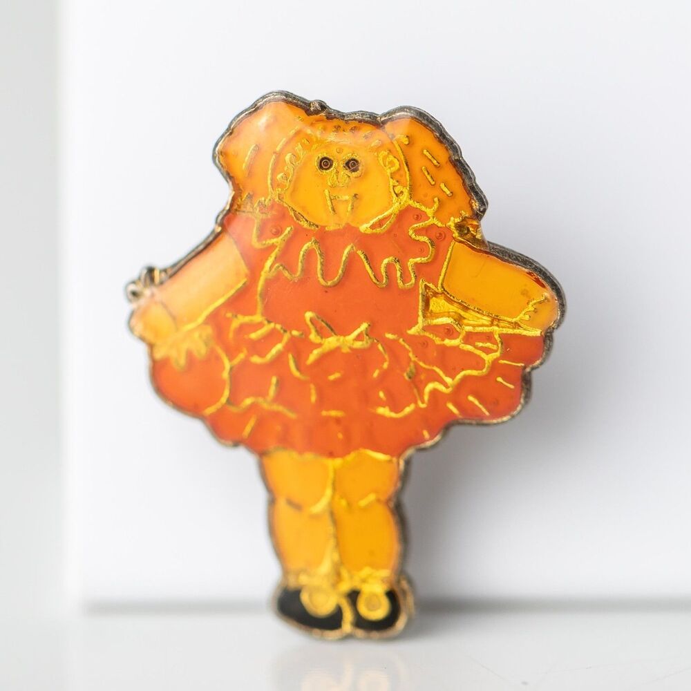 Vintage 1983 Cabbage Patch Kids Enamel Pin Brooch Iconic Doll Bright Orange Ruff
